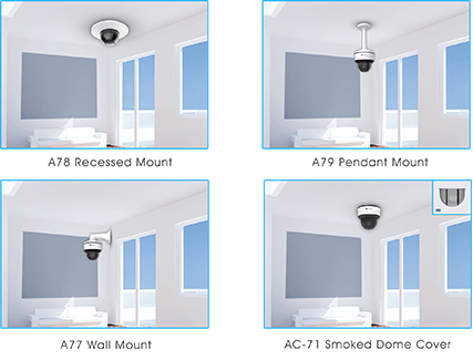 A78 Recessed Mount, A79 Pendant Mount, A77 Wall Mount, AC-71 Smoked Dome Cover of mini ptz bullet camera